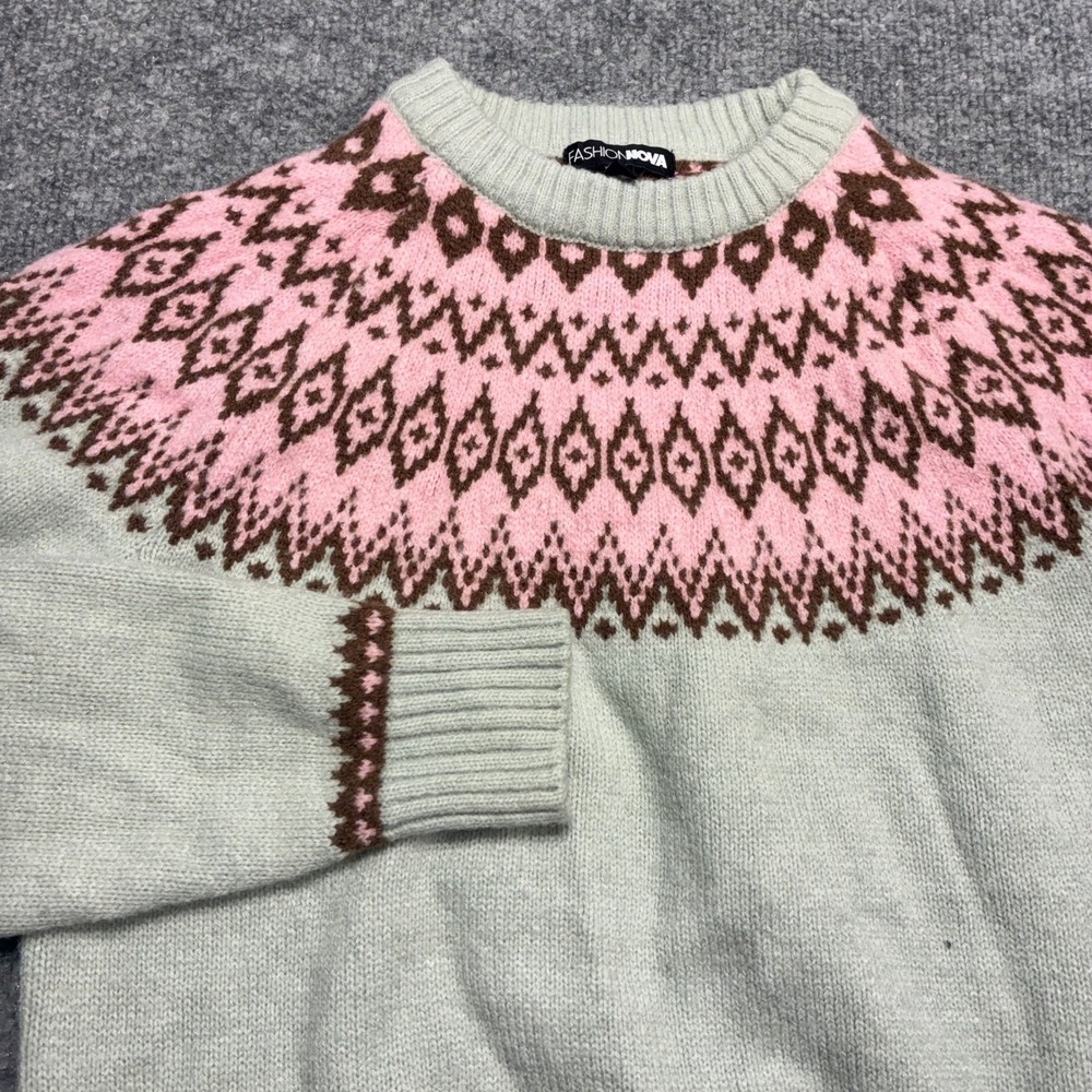 Fashion Nova Fair Isle Knit Sweater Womens M Beige Pink Brown Crew Neck Pullover